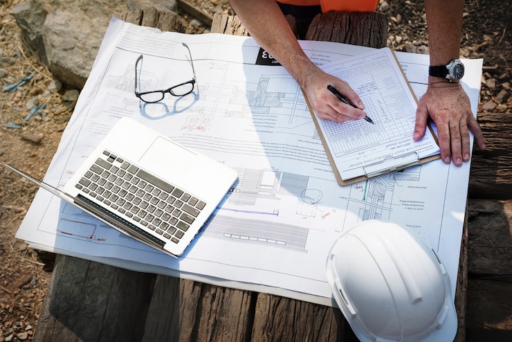 Architect reviewing building plans with a hard hat and laptop, illustrating construction status of Serene Sagara