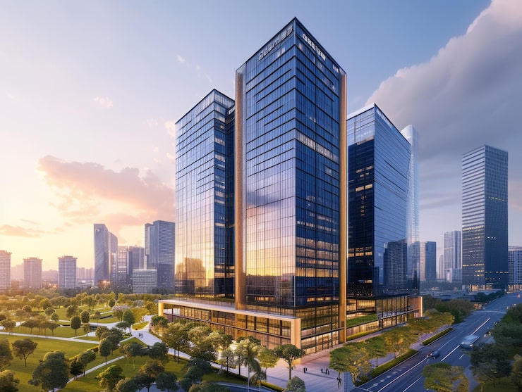 Modern glass towers at sunset, illustrating the developer behind Serene Sagara