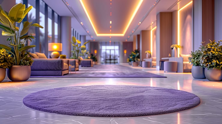 Bright senior living apartment lobby with lounge seating, illustrating community interiors at Serene Amara