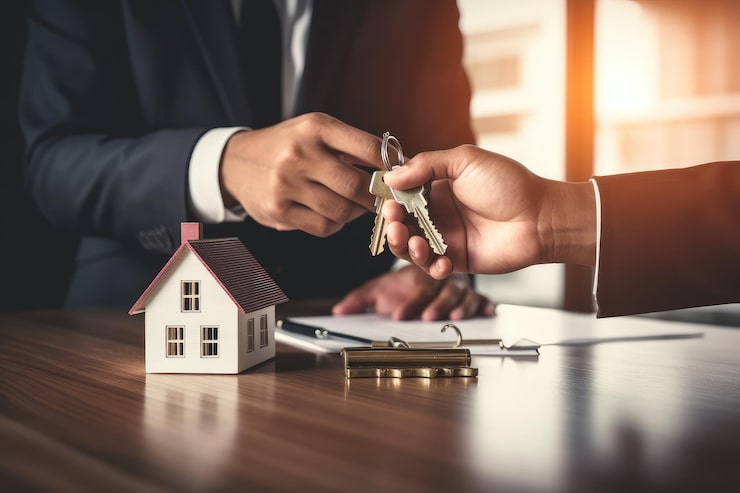 Handing over house keys across a desk, illustrating possession of a home at Serene Sagara